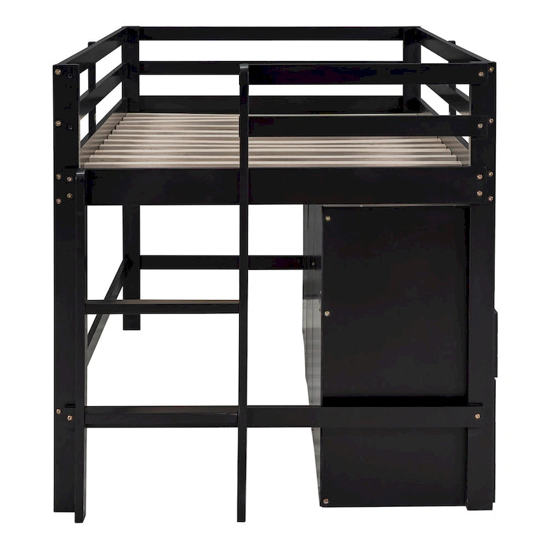 Twin Size Solid Wood Loft Bed with Drawers and Cabinets
