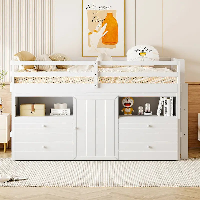 Twin Size Solid Wood Loft Bed with Drawers and Cabinets