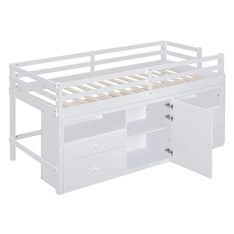 Twin Size Solid Wood Loft Bed with Drawers and Cabinets