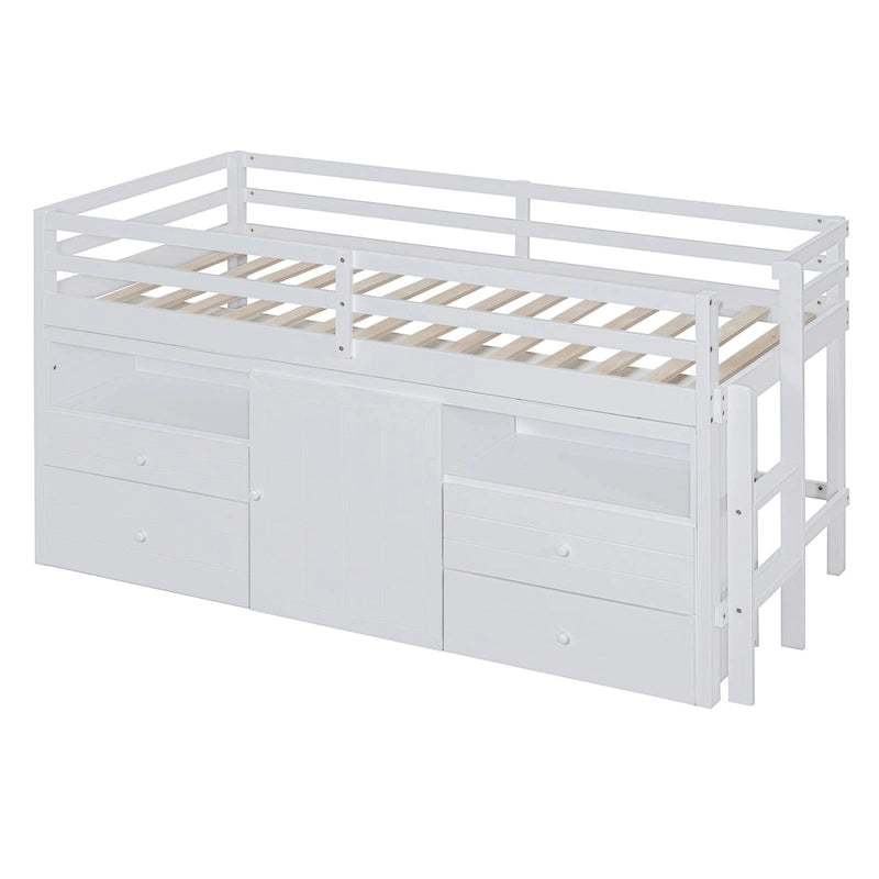 Twin Size Solid Wood Loft Bed with Drawers and Cabinets