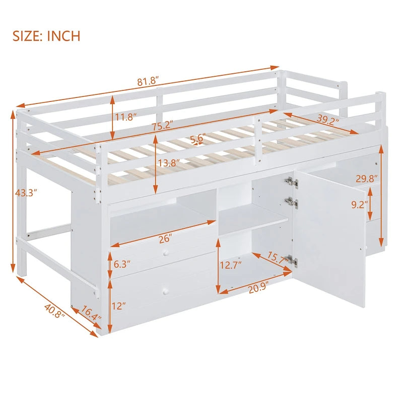 Twin Size Solid Wood Loft Bed with Drawers and Cabinets