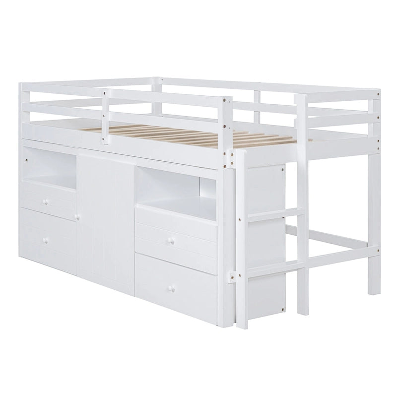 Twin Size Solid Wood Loft Bed with Drawers and Cabinets