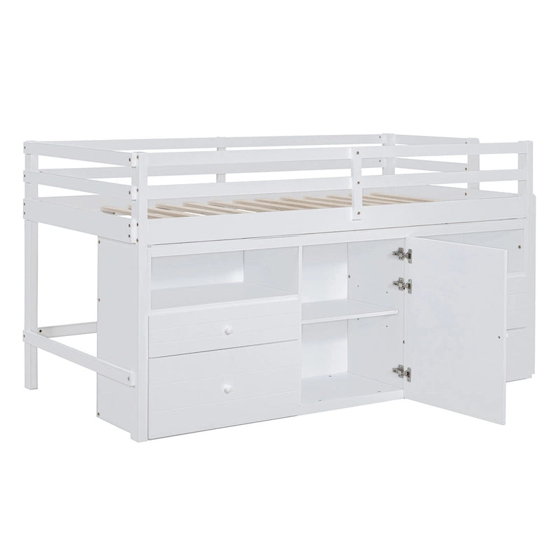 Twin Size Solid Wood Loft Bed with Drawers and Cabinets