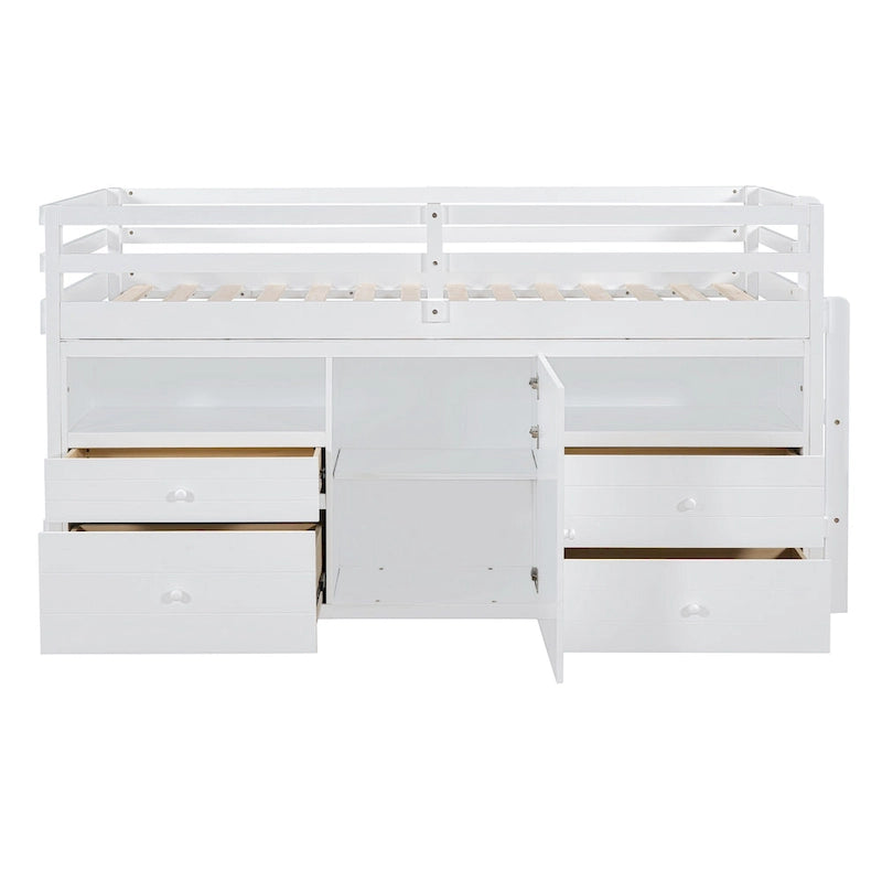 Twin Size Solid Wood Loft Bed with Drawers and Cabinets