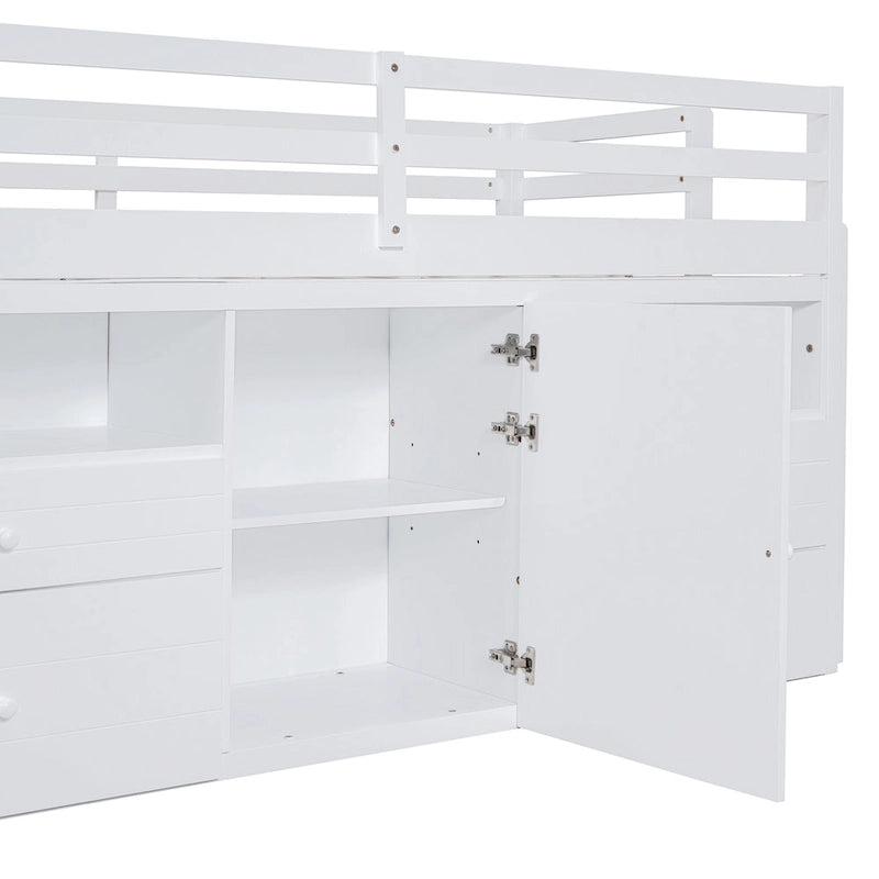 Twin Size Solid Wood Loft Bed with Drawers and Cabinets