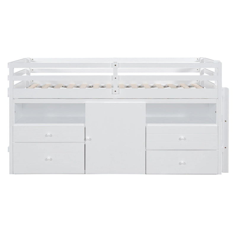 Twin Size Solid Wood Loft Bed with Drawers and Cabinets