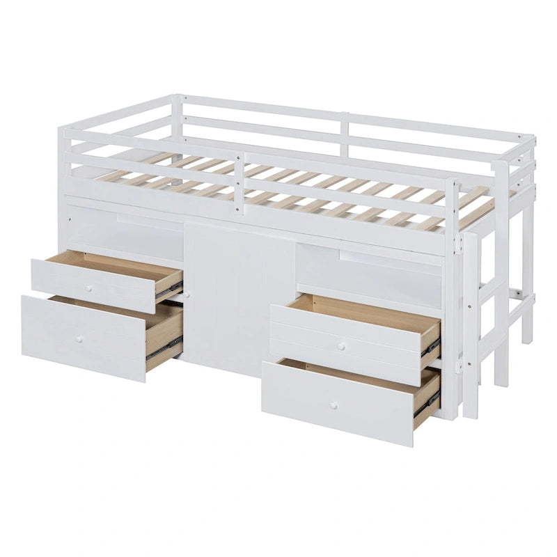 Twin Size Solid Wood Loft Bed with Drawers and Cabinets