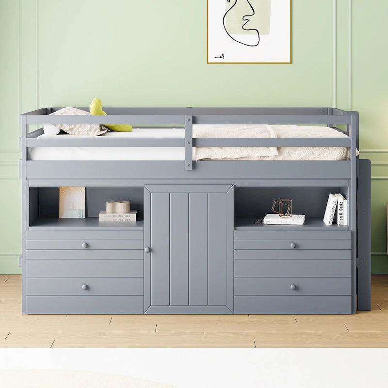 Twin Size Solid Wood Loft Bed with Drawers and Cabinets