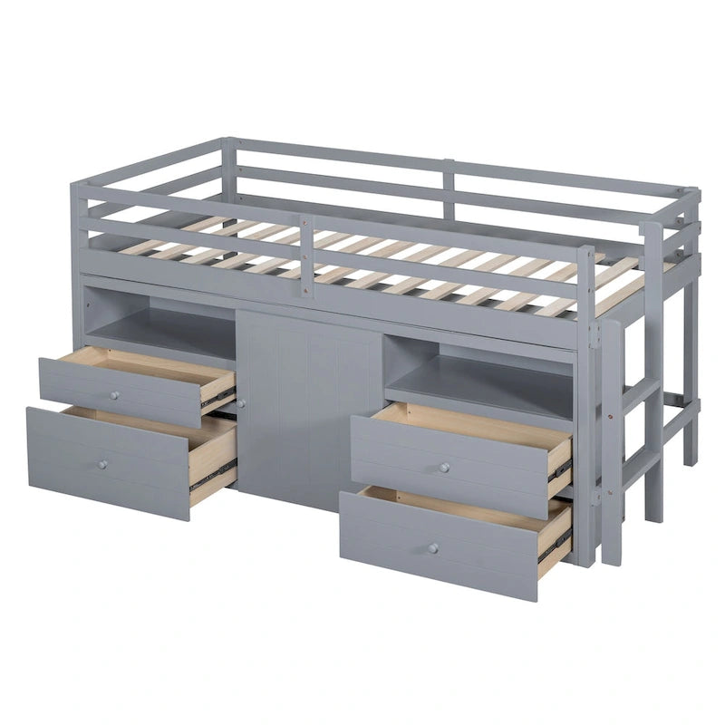 Twin Size Solid Wood Loft Bed with Drawers and Cabinets
