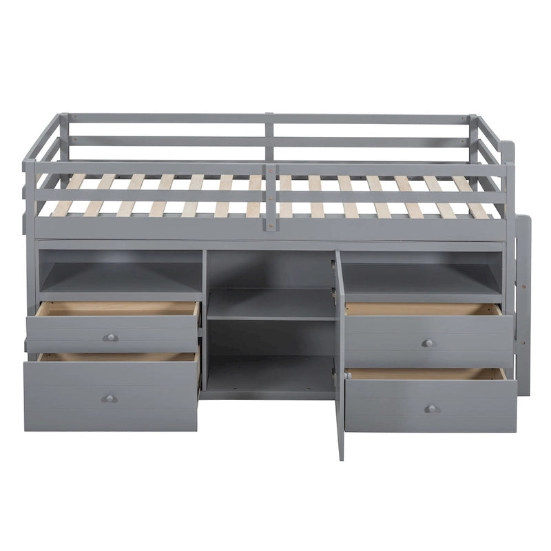 Twin Size Solid Wood Loft Bed with Drawers and Cabinets