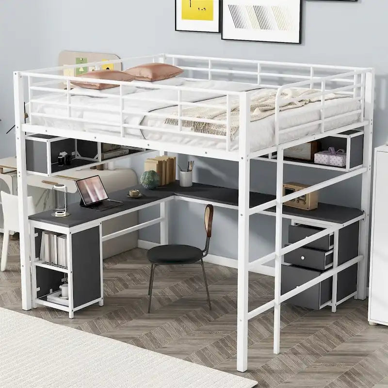 Merax Metal Loft Bed with bookcase, desk and cabinet