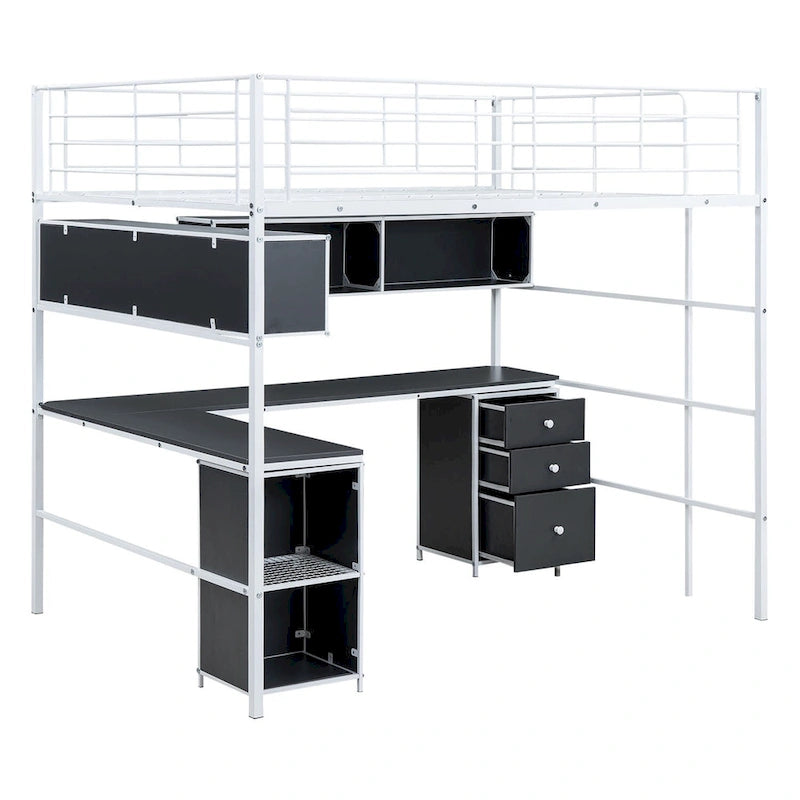 Merax Metal Loft Bed with bookcase, desk and cabinet
