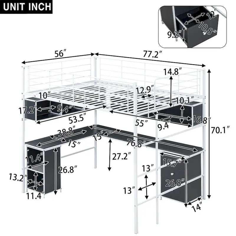 Merax Metal Loft Bed with bookcase, desk and cabinet