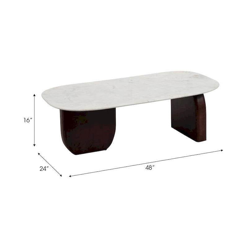 Table basse ovale abstraite en marbre et bois 16H - 48 x 24 x 16
