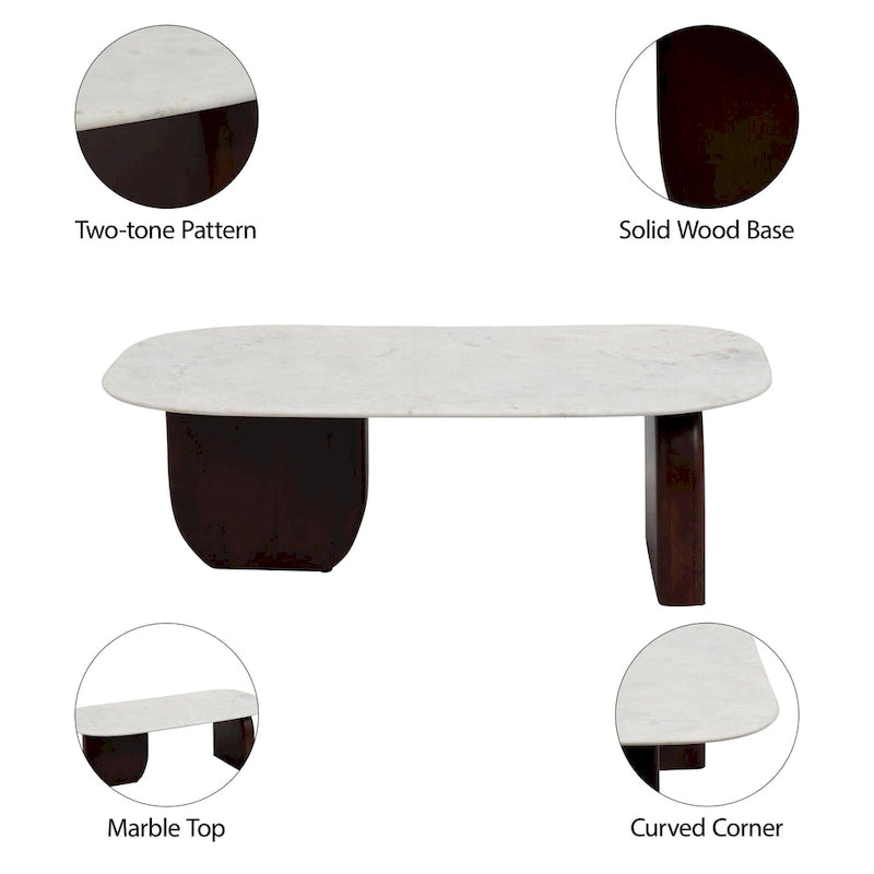 Table basse ovale abstraite en marbre et bois 16H - 48 x 24 x 16