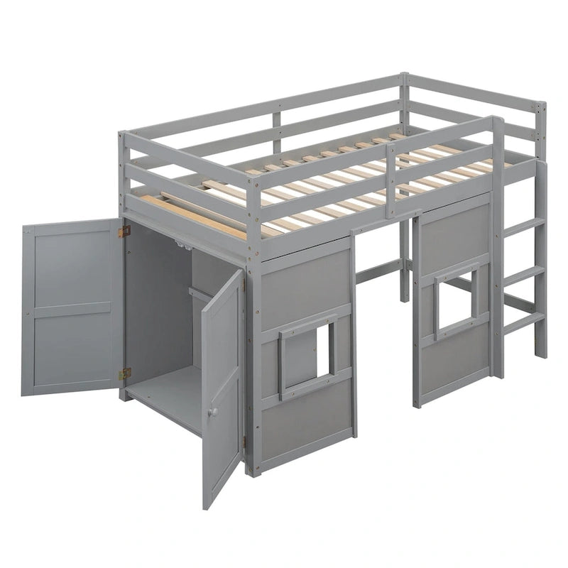 Merax Wood Twin Size Loft Bed with Built-in Storage Wardrobe and 2 Windows