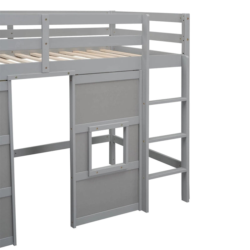 Merax Wood Twin Size Loft Bed with Built-in Storage Wardrobe and 2 Windows