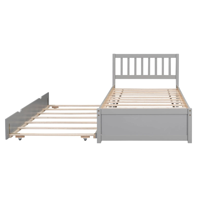 Twin Size Grey Wood Platform Trundle Bed