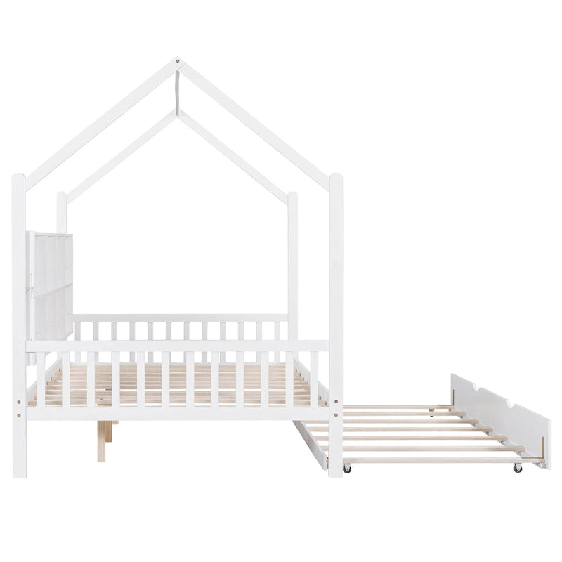 Wooden Full Size House Bed with Trundle,Kids Bed with Shelf