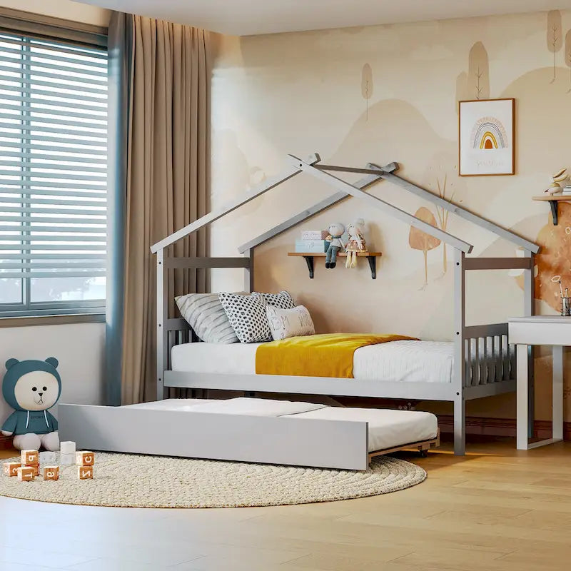 Twin Size Wood House-shaped Bed with Trundle