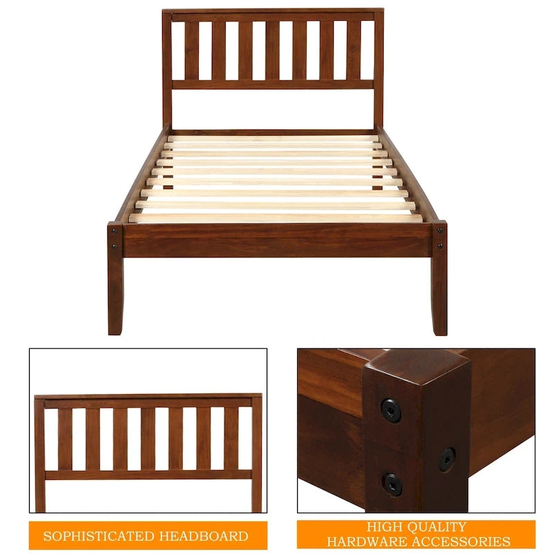 Wood Platform Bed With Headboard/Wood Slat Support.Twin (Walnut)