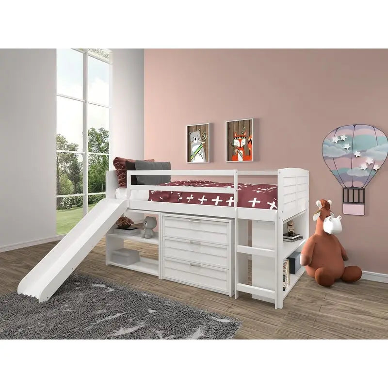 Twin Louver Low Loft in White with Slide, 3 Drawer Chest, 2 Drawer Chest with Shelves or Bookcase