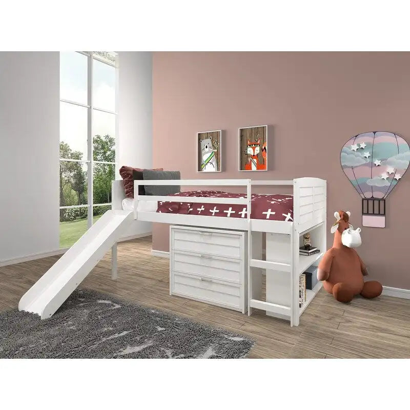 Twin Louver Low Loft in White with Slide, 3 Drawer Chest, 2 Drawer Chest with Shelves or Bookcase