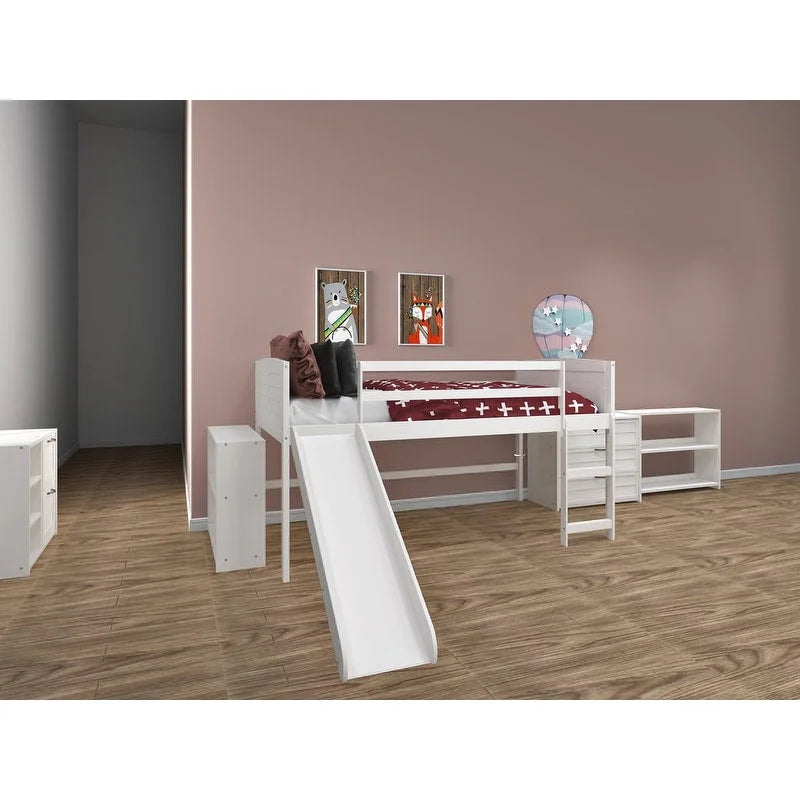 Twin Louver Low Loft in White with Slide, 3 Drawer Chest, 2 Drawer Chest with Shelves or Bookcase