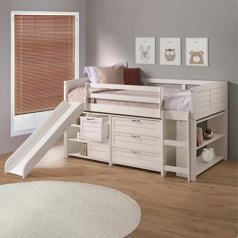 Twin Louver Low Loft in White with Slide, 3 Drawer Chest, 2 Drawer Chest with Shelves or Bookcase