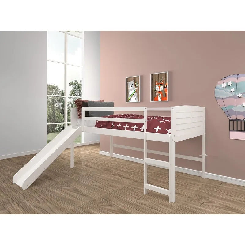 Twin Louver Low Loft in White with Slide, 3 Drawer Chest, 2 Drawer Chest with Shelves or Bookcase
