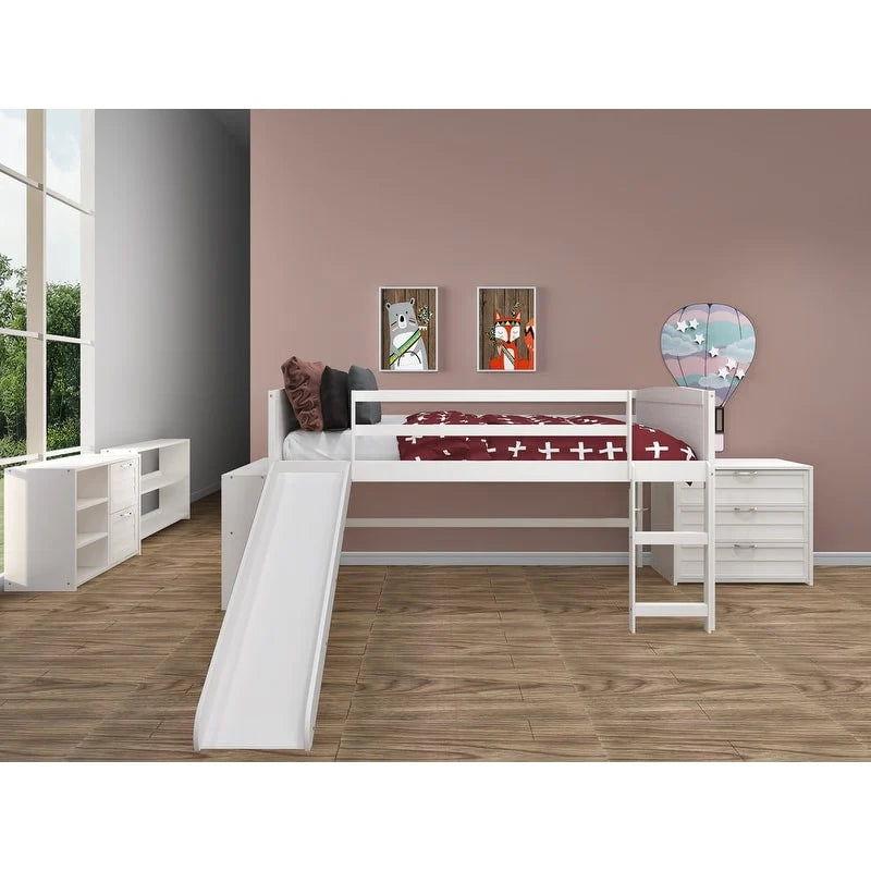 Twin Louver Low Loft in White with Slide, 3 Drawer Chest, 2 Drawer Chest with Shelves or Bookcase