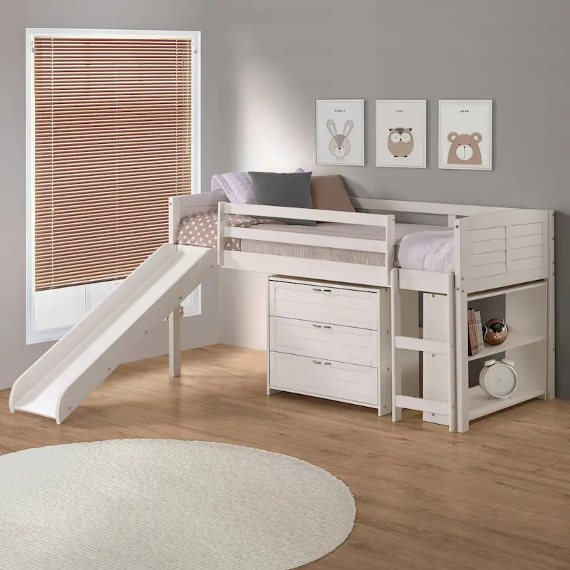 Twin Louver Low Loft in White with Slide, 3 Drawer Chest, 2 Drawer Chest with Shelves or Bookcase