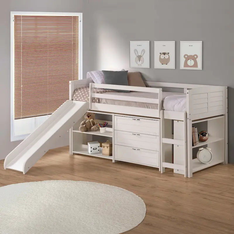 Twin Louver Low Loft in White with Slide, 3 Drawer Chest, 2 Drawer Chest with Shelves or Bookcase
