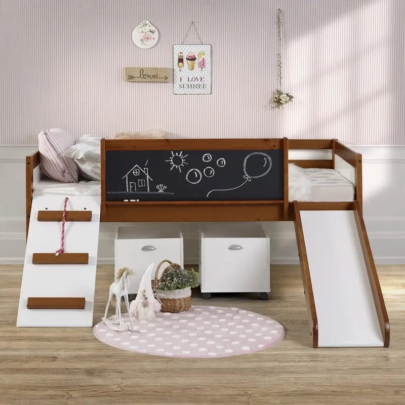 Junior Twin Low Loft with Slide & Chalkboard in Espresso
