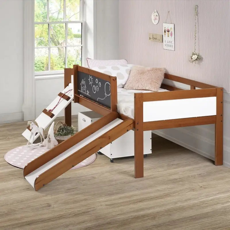 Junior Twin Low Loft with Slide & Chalkboard in Espresso
