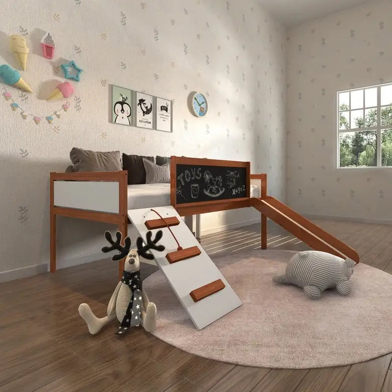 Junior Twin Low Loft with Slide & Chalkboard in Espresso