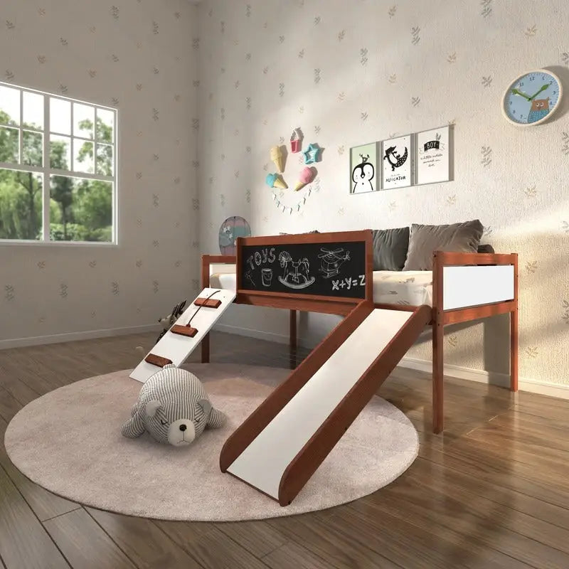 Junior Twin Low Loft with Slide & Chalkboard in Espresso