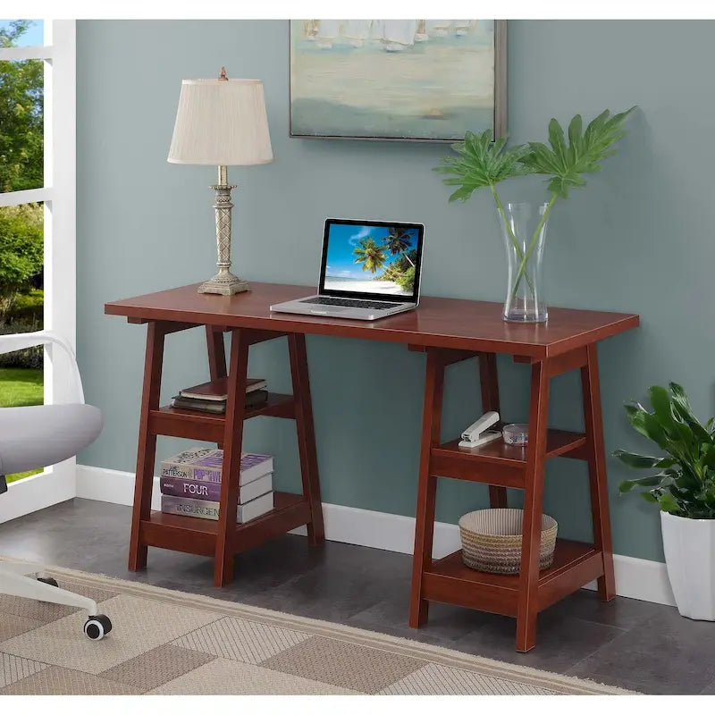 Convenience Concepts Designs2Go Double Trestle Desk with Shelves