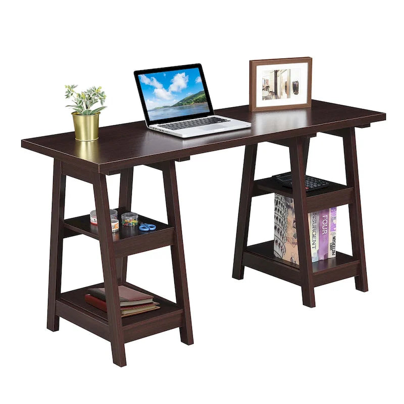 Convenience Concepts Designs2Go Double Trestle Desk with Shelves