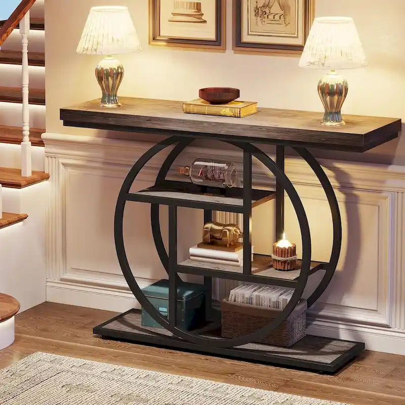 Industrial 4-Tier Sofa Table Entryway Table with Circle Base