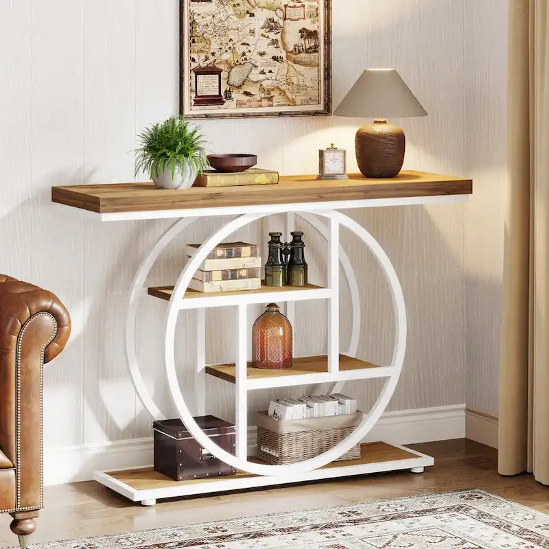 Industrial 4-Tier Sofa Table Entryway Table with Circle Base