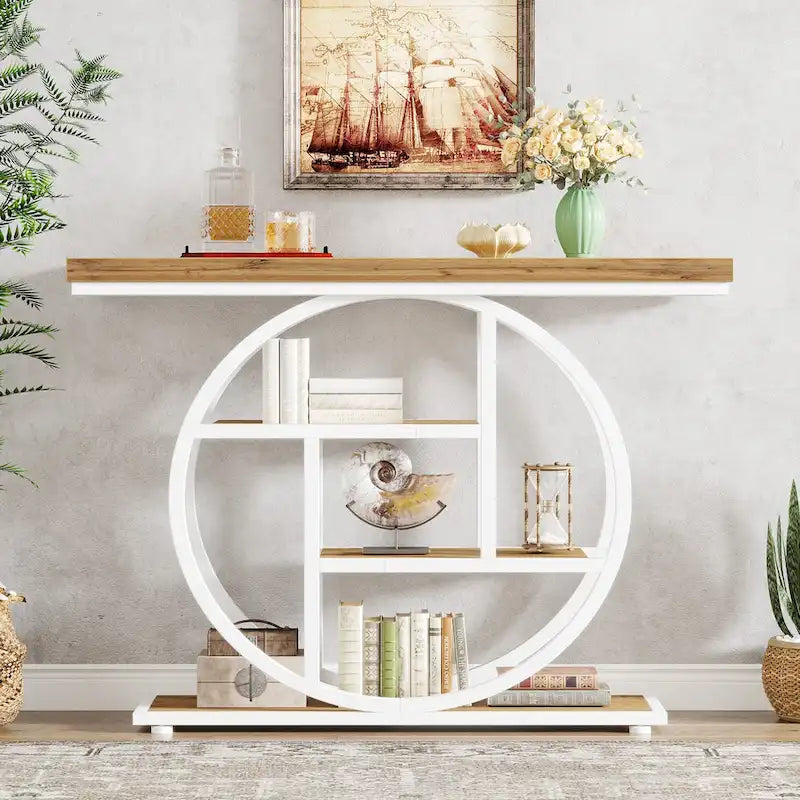 Industrial 4-Tier Sofa Table Entryway Table with Circle Base