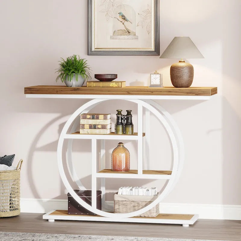 Industrial 4-Tier Sofa Table Entryway Table with Circle Base