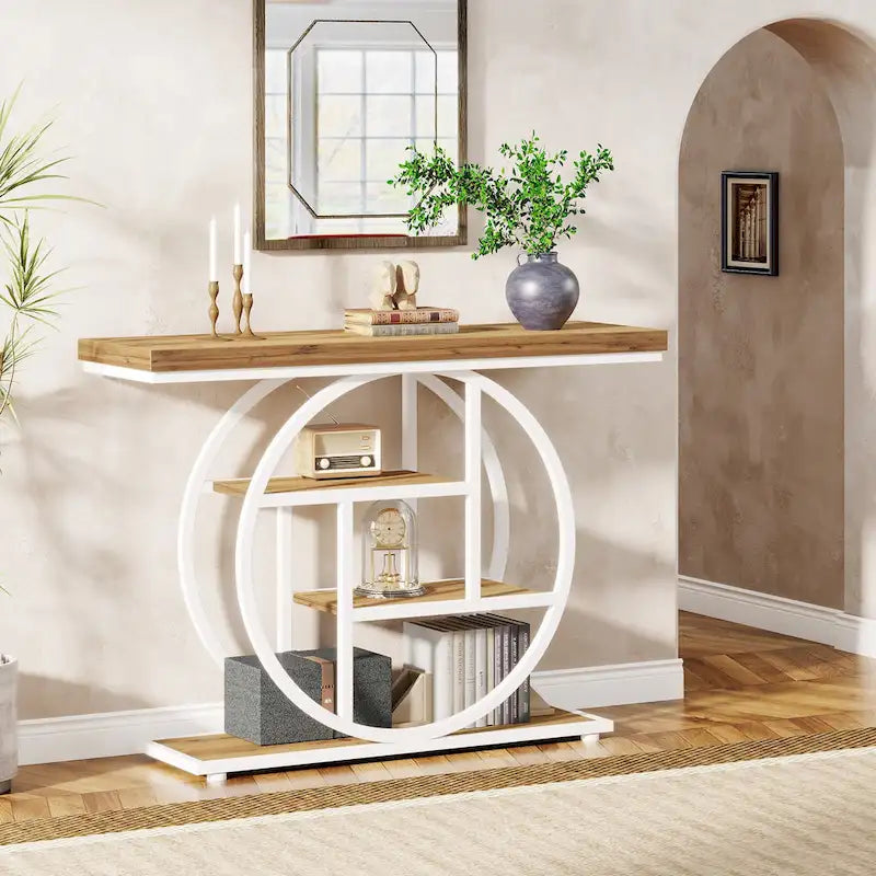 Industrial 4-Tier Sofa Table Entryway Table with Circle Base