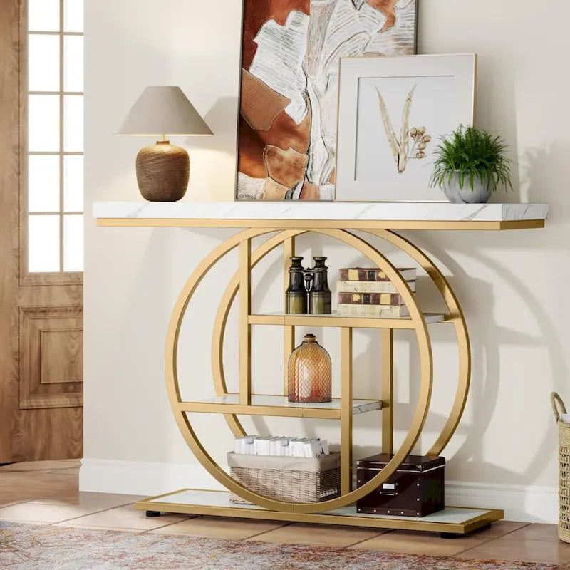 Industrial 4-Tier Sofa Table Entryway Table with Circle Base