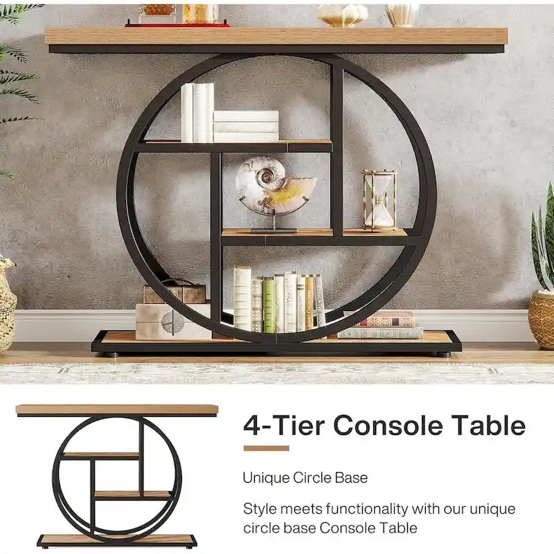 Industrial 4-Tier Sofa Table Entryway Table with Circle Base