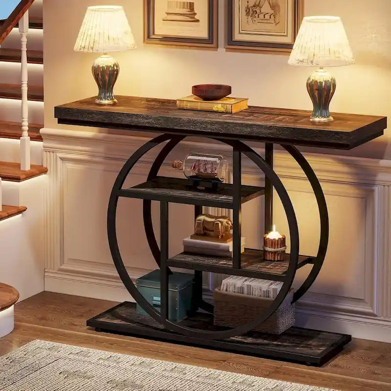 Industrial 4-Tier Sofa Table Entryway Table with Circle Base