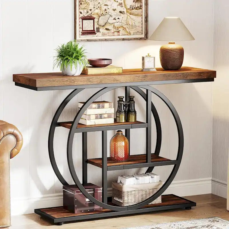 Industrial 4-Tier Sofa Table Entryway Table with Circle Base