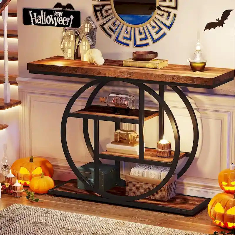 Industrial 4-Tier Sofa Table Entryway Table with Circle Base