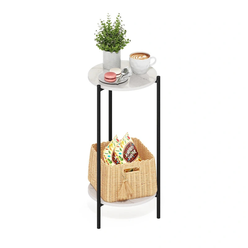 Furinno Besi 2-Tier Modern Tall Round Side End Table with Sturdy Metal Legs, Americano